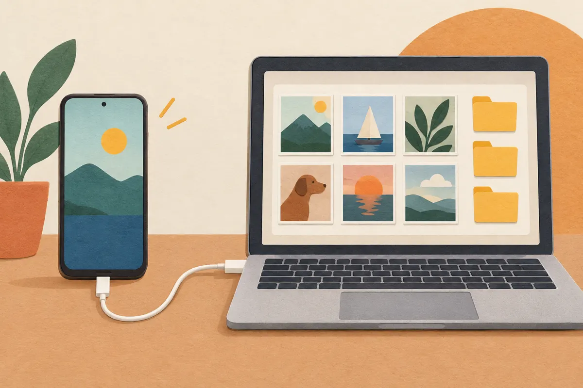 Ilustracja telefonu połączonego kablem USB z laptopem oraz folderów ze zdjęciami.